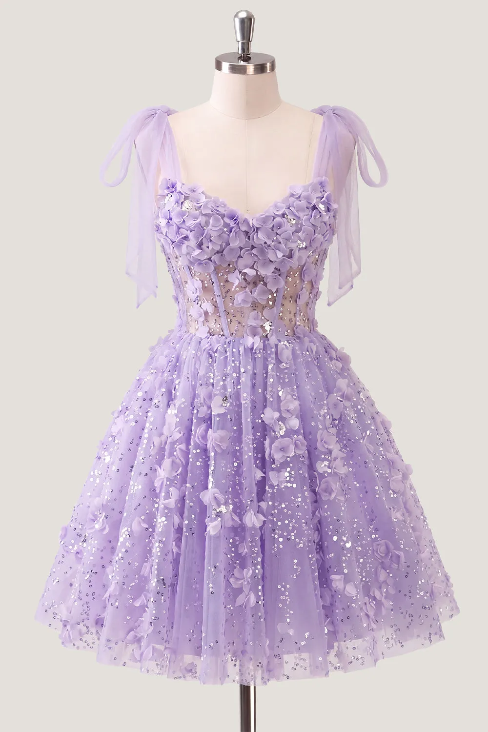 Lilac Sequin A Line Corset Short Homecoming Dress with 3D Flowers sold by Wedtrend product image thumbnail 3