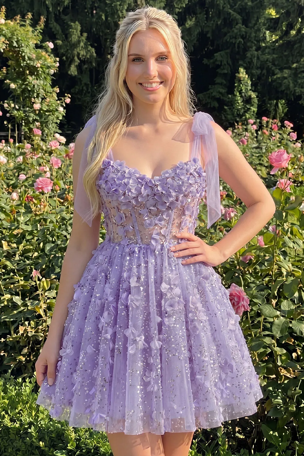 Lilac Sequin A Line Corset Short Homecoming Dress with 3D Flowers sold by Wedtrend