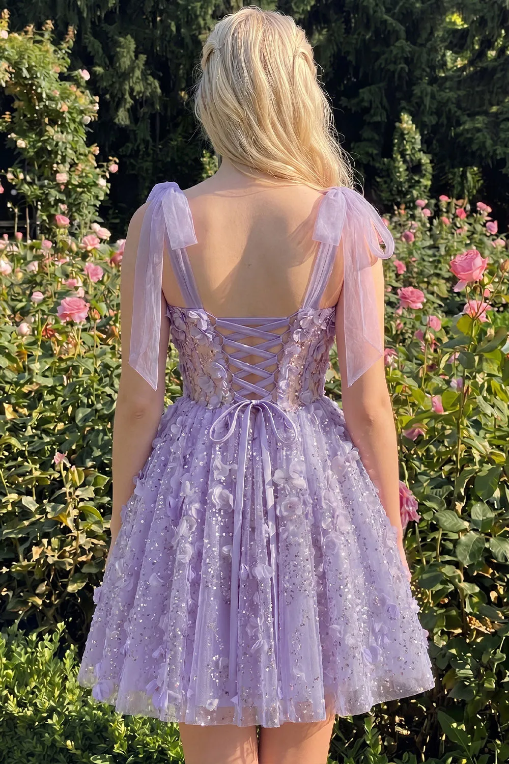 Lilac Sequin A Line Corset Short Homecoming Dress with 3D Flowers sold by Wedtrend product image thumbnail 2