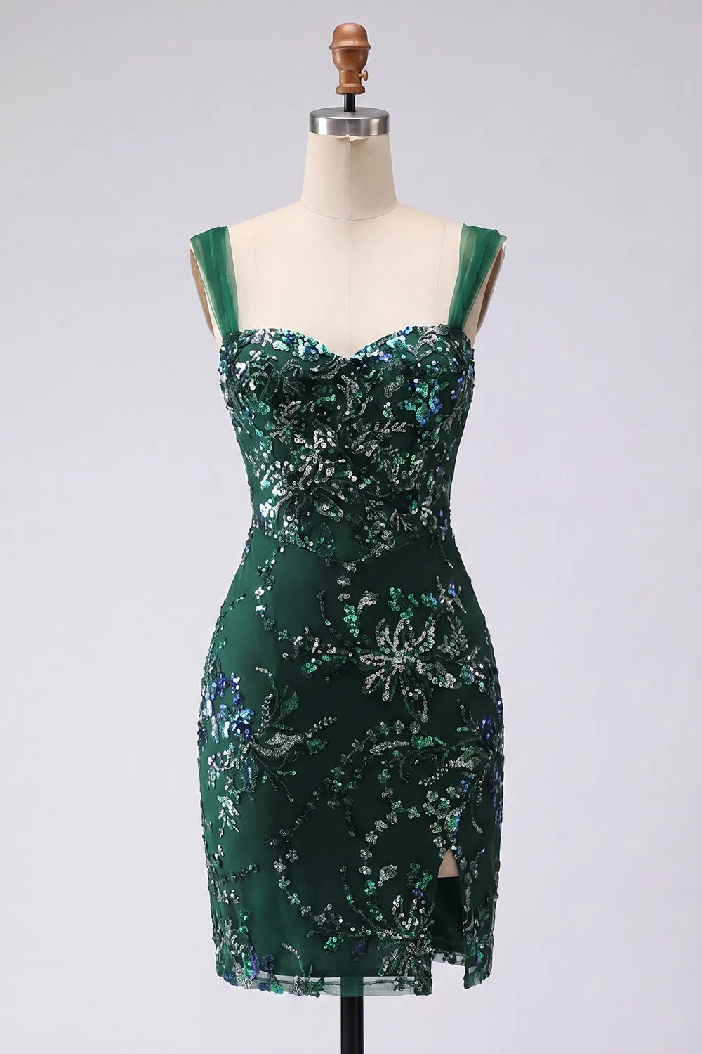 Dark Green Bodycon Sequin Short Homecoming Dress with Slit sold by Wedtrend product image thumbnail 5