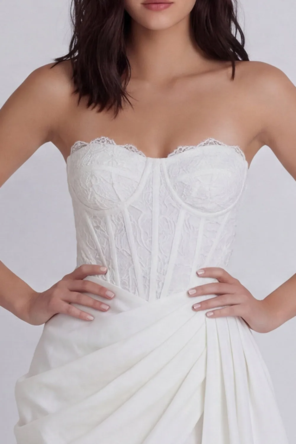 Corset Strapless Ruched Bodycon White Dress with Lace sold by Wedtrend product image thumbnail 3