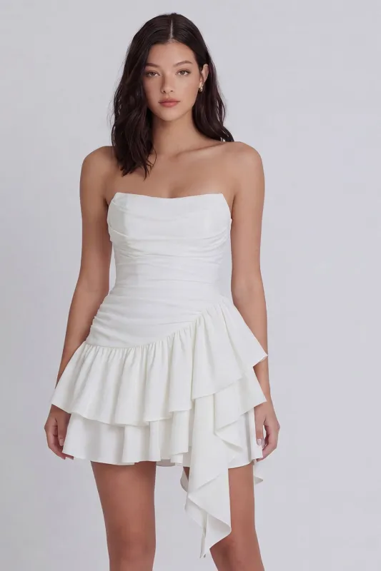 White Tiered A Line Ruffled Strapless Graduation Dress made by Wedtrend