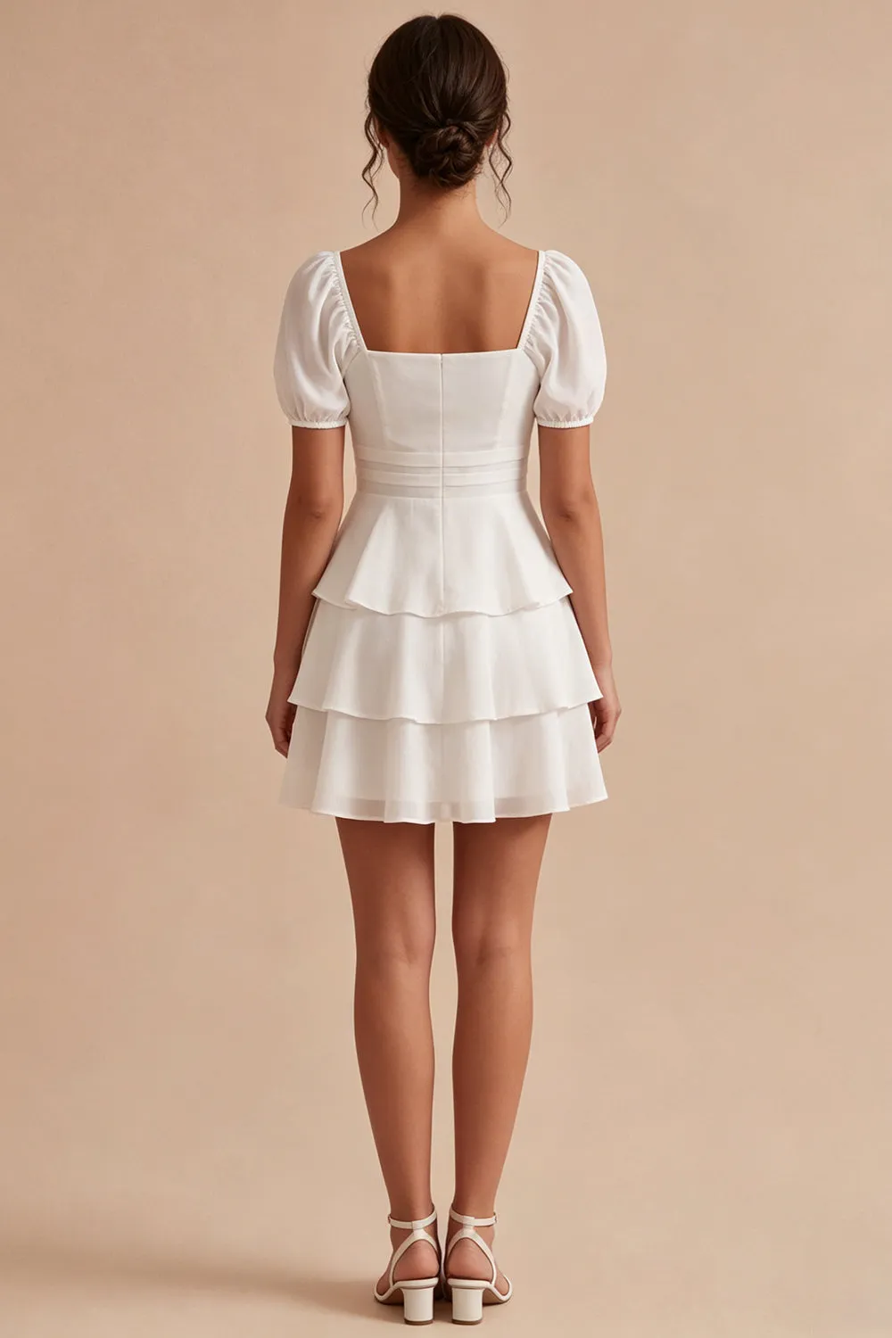 White A Line Tiered Ruffle Square Neck Mini Dress with Puff Sleeves sold by Wedtrend product image thumbnail 2