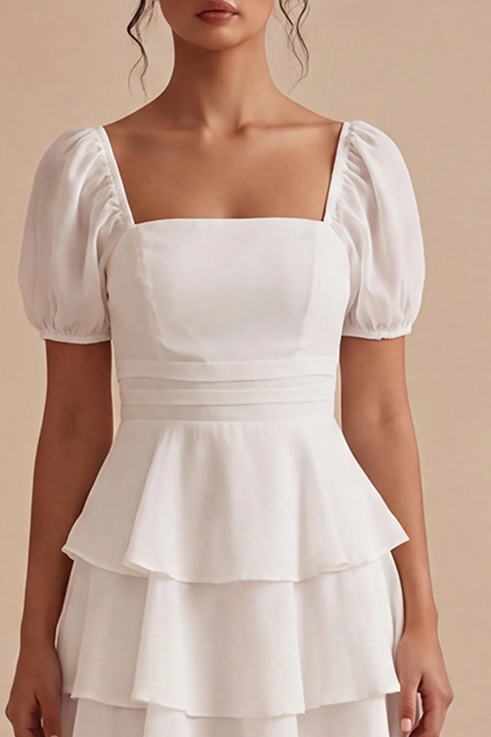 White A Line Tiered Ruffle Square Neck Mini Dress with Puff Sleeves sold by Wedtrend product image thumbnail 3