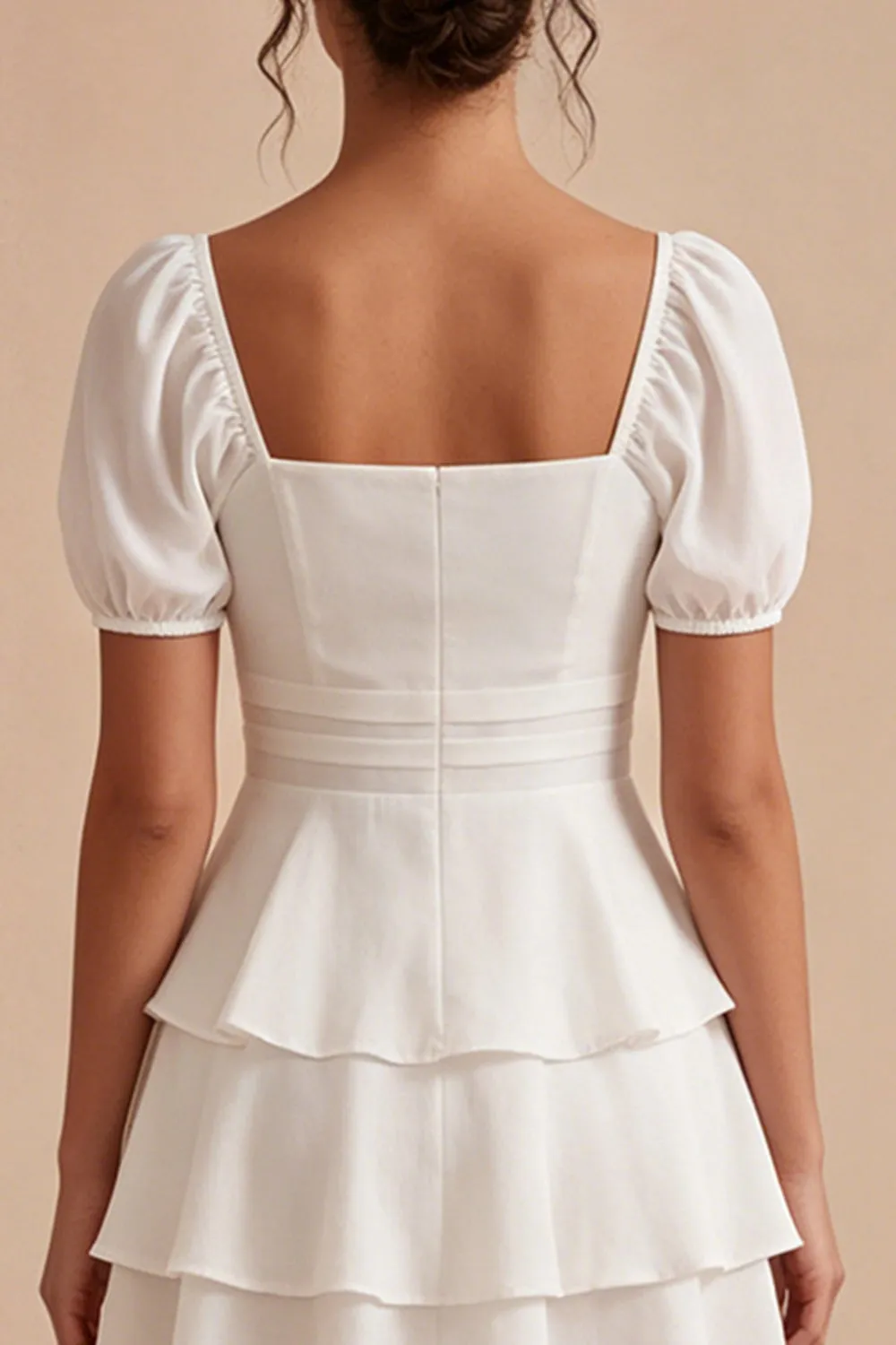 White A Line Tiered Ruffle Square Neck Mini Dress with Puff Sleeves sold by Wedtrend product image thumbnail 4