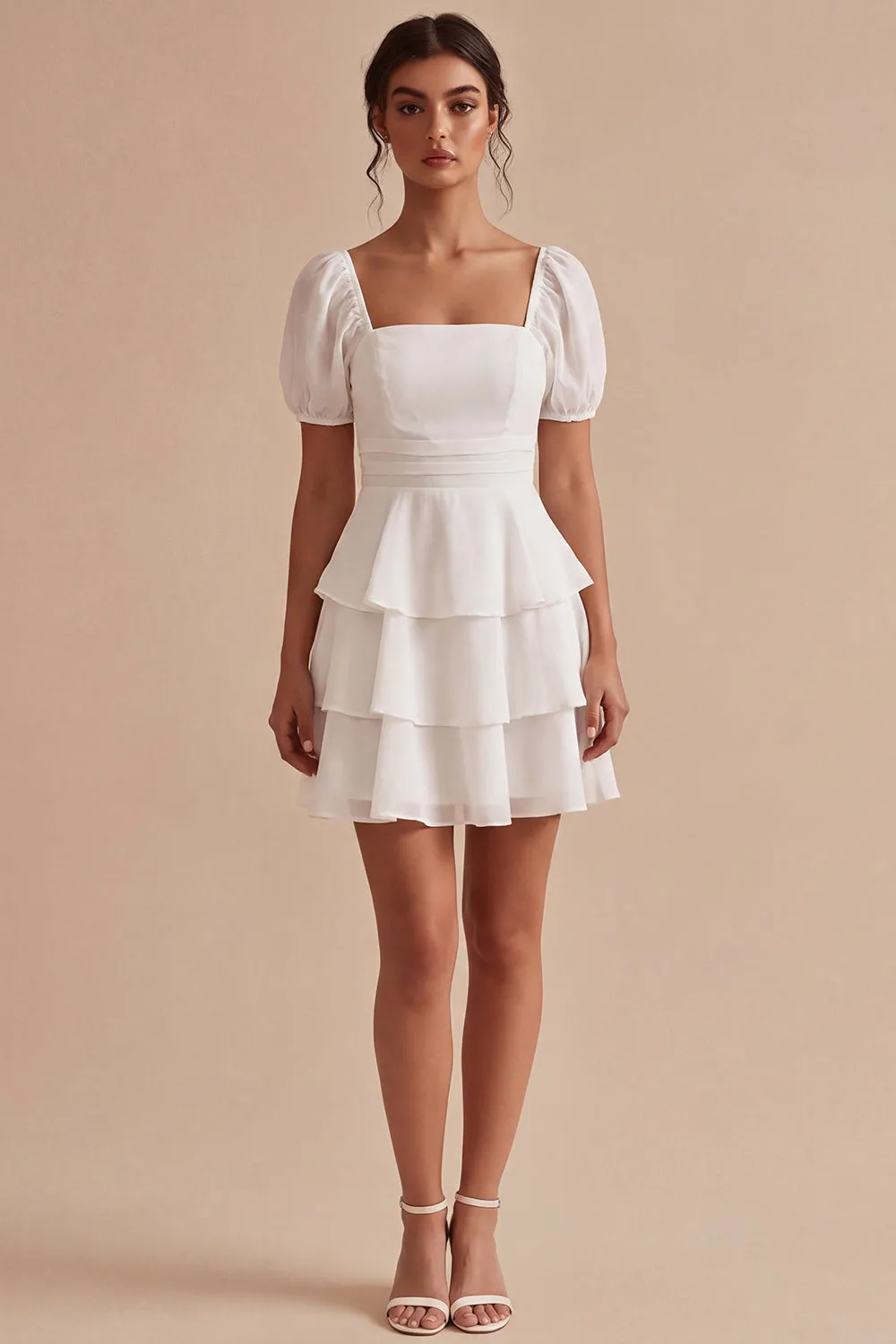 White A Line Tiered Ruffle Square Neck Mini Dress with Puff Sleeves sold by Wedtrend