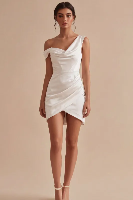 Bodycon Asymmetrical Neck Ruched Little White Dress made by Wedtrend
