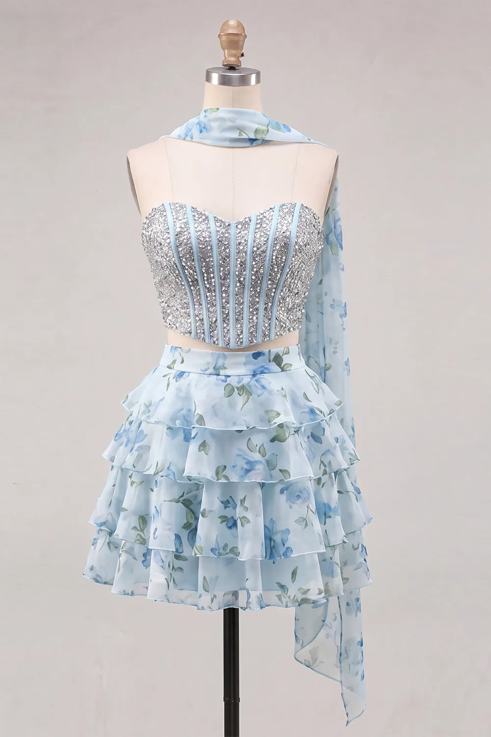 Light Blue 2-Piece Beaded Corset Short Homecoming Dress with Scarf sold by Wedtrend product image thumbnail 5