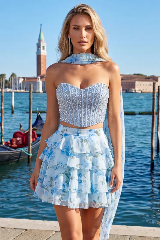 Light Blue 2-Piece Beaded Corset Short Homecoming Dress with Scarf made by Wedtrend