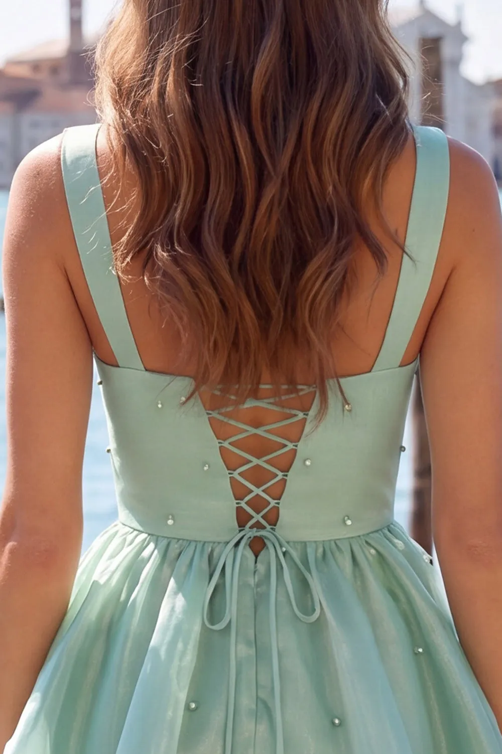 Sage Green V Neck A Line Homecoming Dress with Pearls sold by Wedtrend product image thumbnail 4