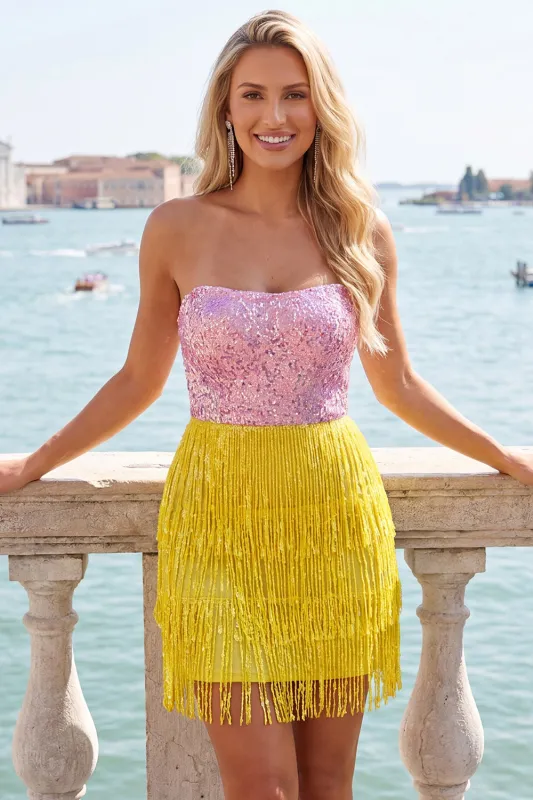 Pink and Yellow Strapless Bodycon Sequin Homecoming Dress with Fringes made by Wedtrend