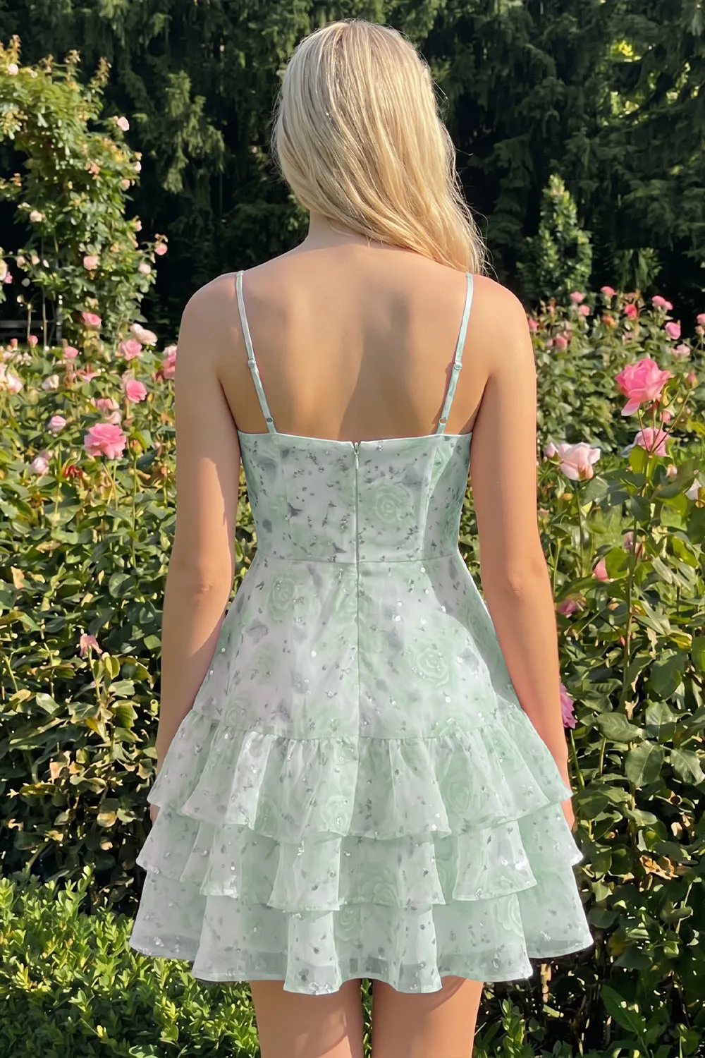 Floral Light Green Tiered Ruffle A Line Short Homecoming Dress sold by Wedtrend product image thumbnail 2