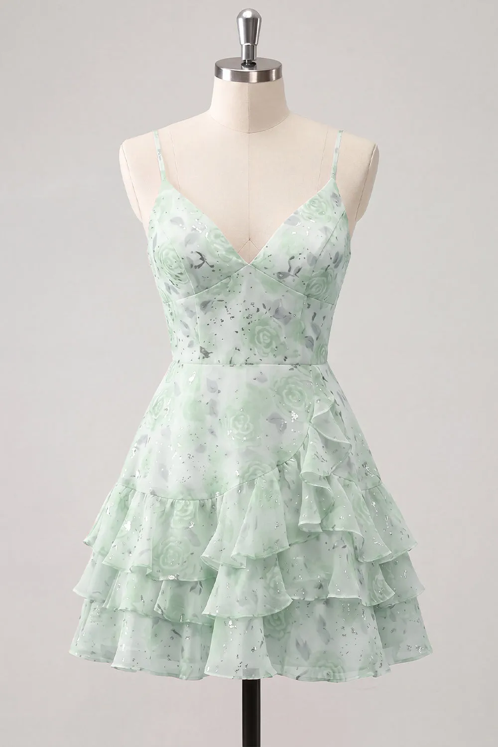 Floral Light Green Tiered Ruffle A Line Short Homecoming Dress sold by Wedtrend product image thumbnail 3