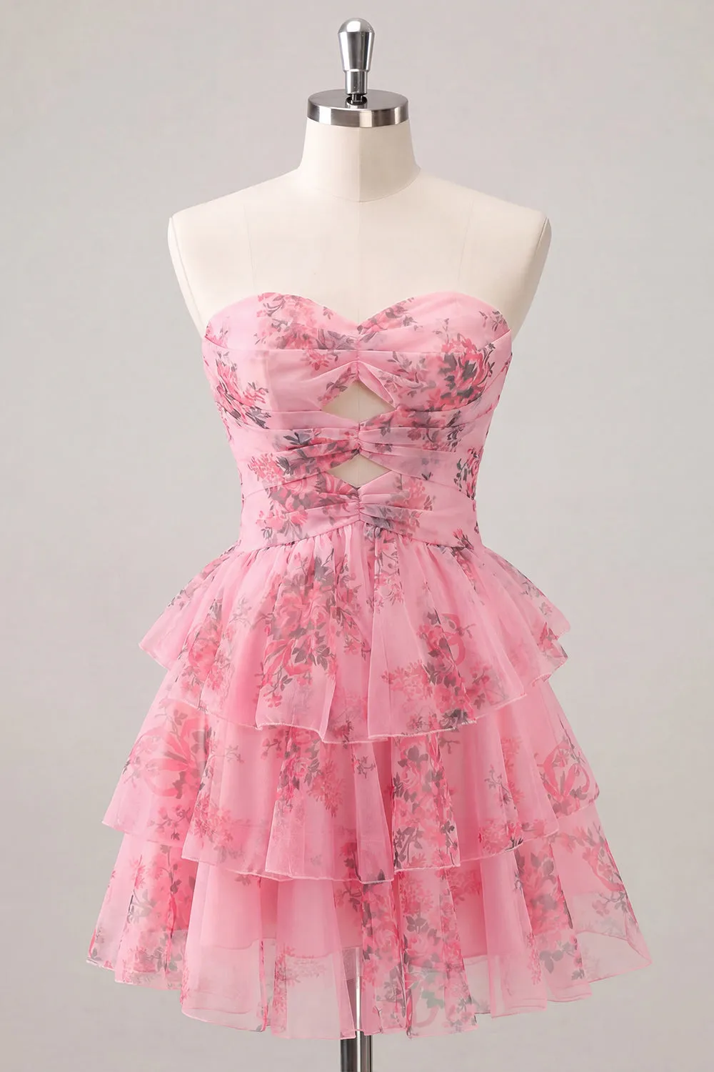 Strapless Tiered A Line Cut Out Floral Pink Homecoming Dress sold by Wedtrend product image thumbnail 3