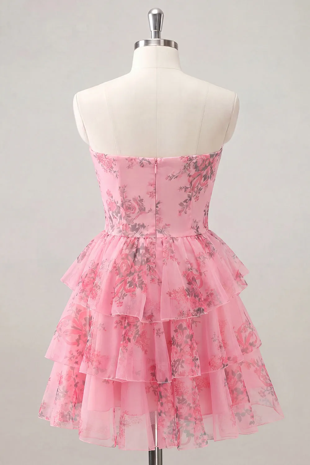 Strapless Tiered A Line Cut Out Floral Pink Homecoming Dress sold by Wedtrend product image thumbnail 4