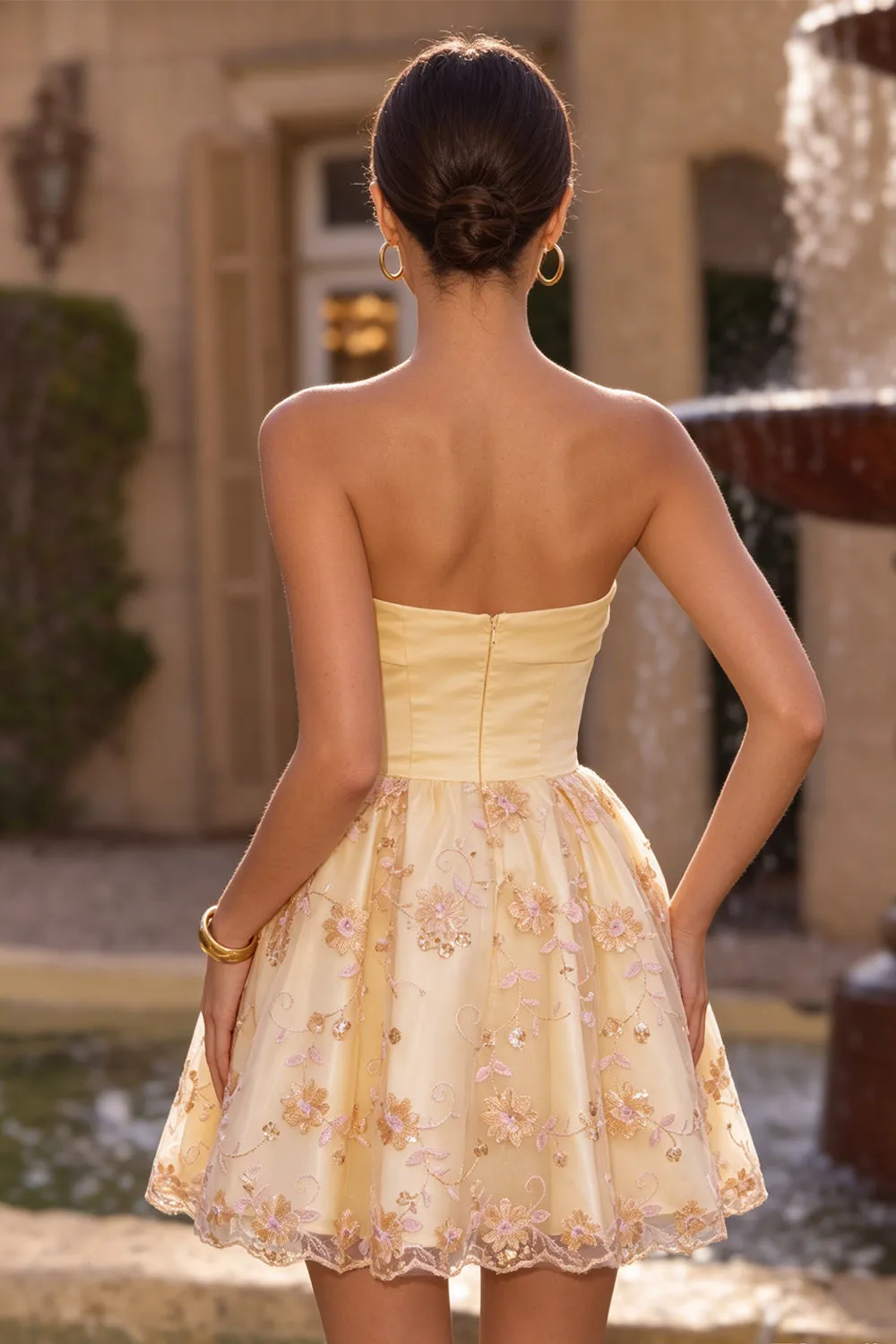Light Yellow Strapless Floral A Line Short Homecoming Dress sold by Wedtrend product image thumbnail 2