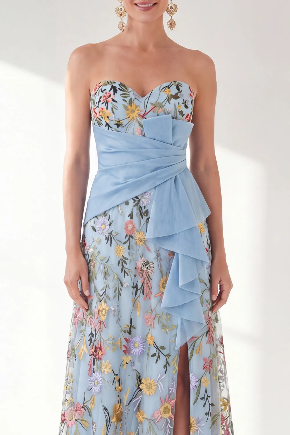 Sweetheart Blue Floral Mother of the Bride Dress with Slit sold by Wedtrend product image thumbnail 3