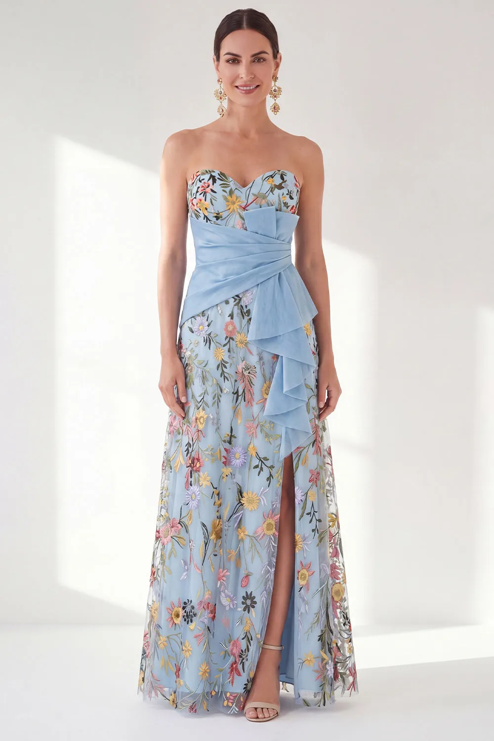 Sweetheart Blue Floral Mother of the Bride Dress with Slit sold by Wedtrend