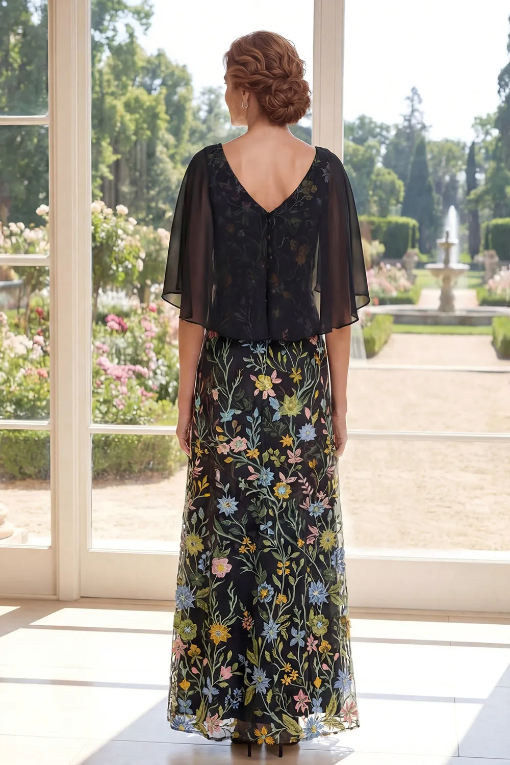 V-Neck Black A Line Floral Mother of the Bride Dress with Cape sleeves sold by Wedtrend product image thumbnail 2