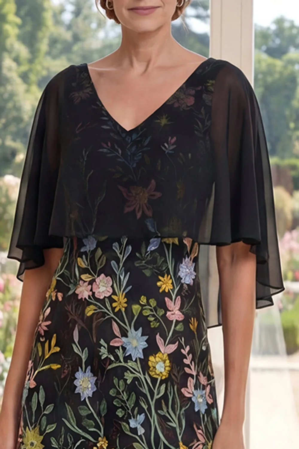 V-Neck Black A Line Floral Mother of the Bride Dress with Cape sleeves sold by Wedtrend product image thumbnail 3