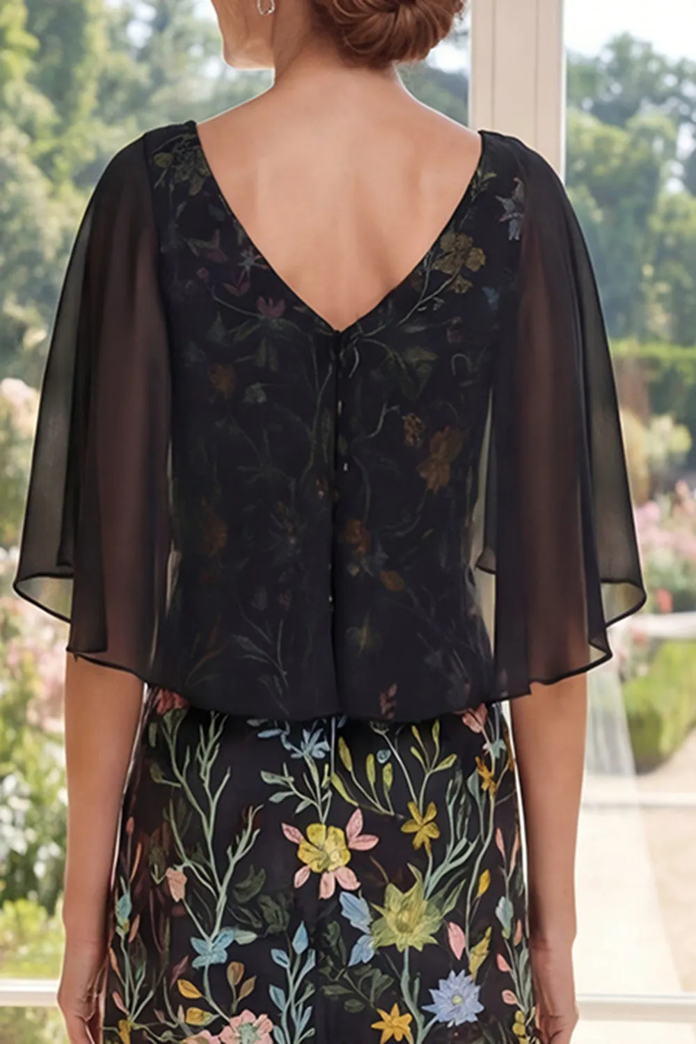 V-Neck Black A Line Floral Mother of the Bride Dress with Cape sleeves sold by Wedtrend product image thumbnail 4