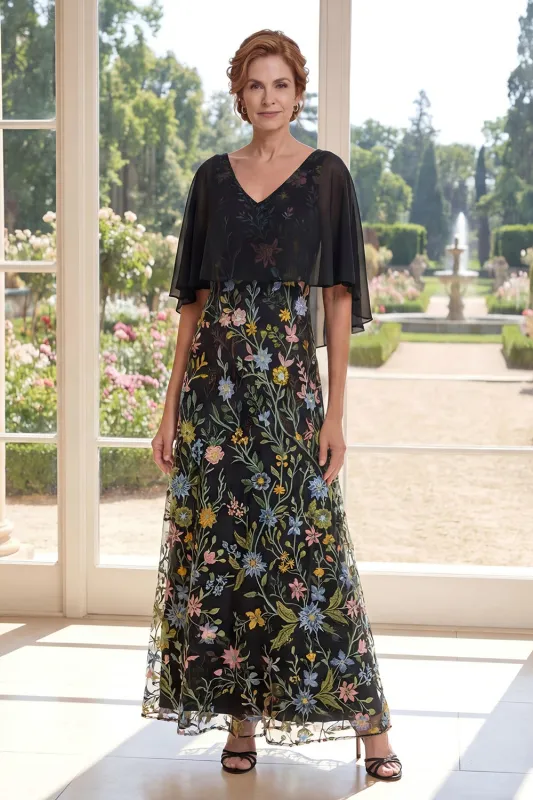 V-Neck Black A Line Floral Mother of the Bride Dress with Cape sleeves made by Wedtrend