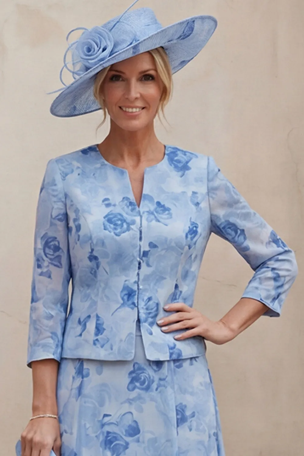 Blue A Line Floral 2 Piece Mother of the Bride Dress with Jacket sold by Wedtrend product image thumbnail 4