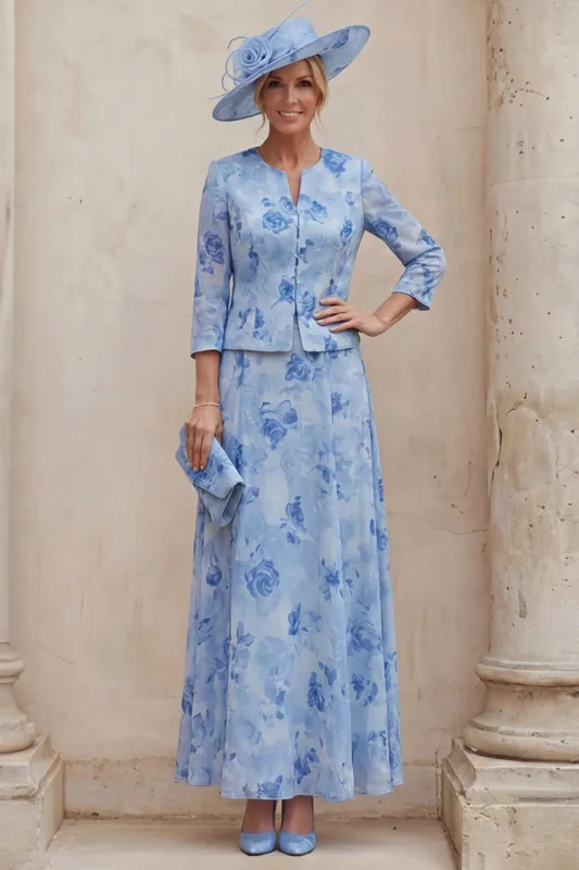 Blue A Line Floral 2 Piece Mother of the Bride Dress with Jacket made by Wedtrend