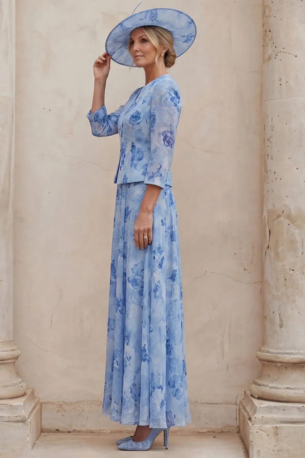 Blue A Line Floral 2 Piece Mother of the Bride Dress with Jacket sold by Wedtrend product image thumbnail 3