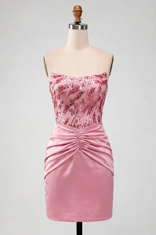 Strapless Sequin Bodycon Ruched Pink Homecoming Dress made by Wedtrend