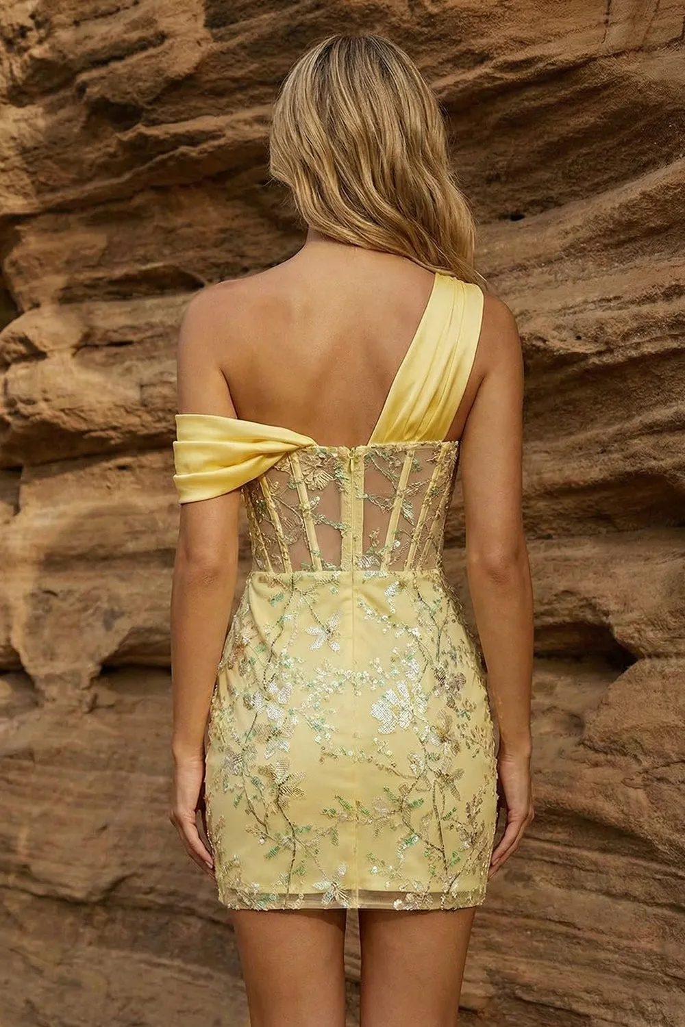 One Shoulder Yellow Bodycon Corset Sequin Homecoming Dress sold by Wedtrend product image thumbnail 4