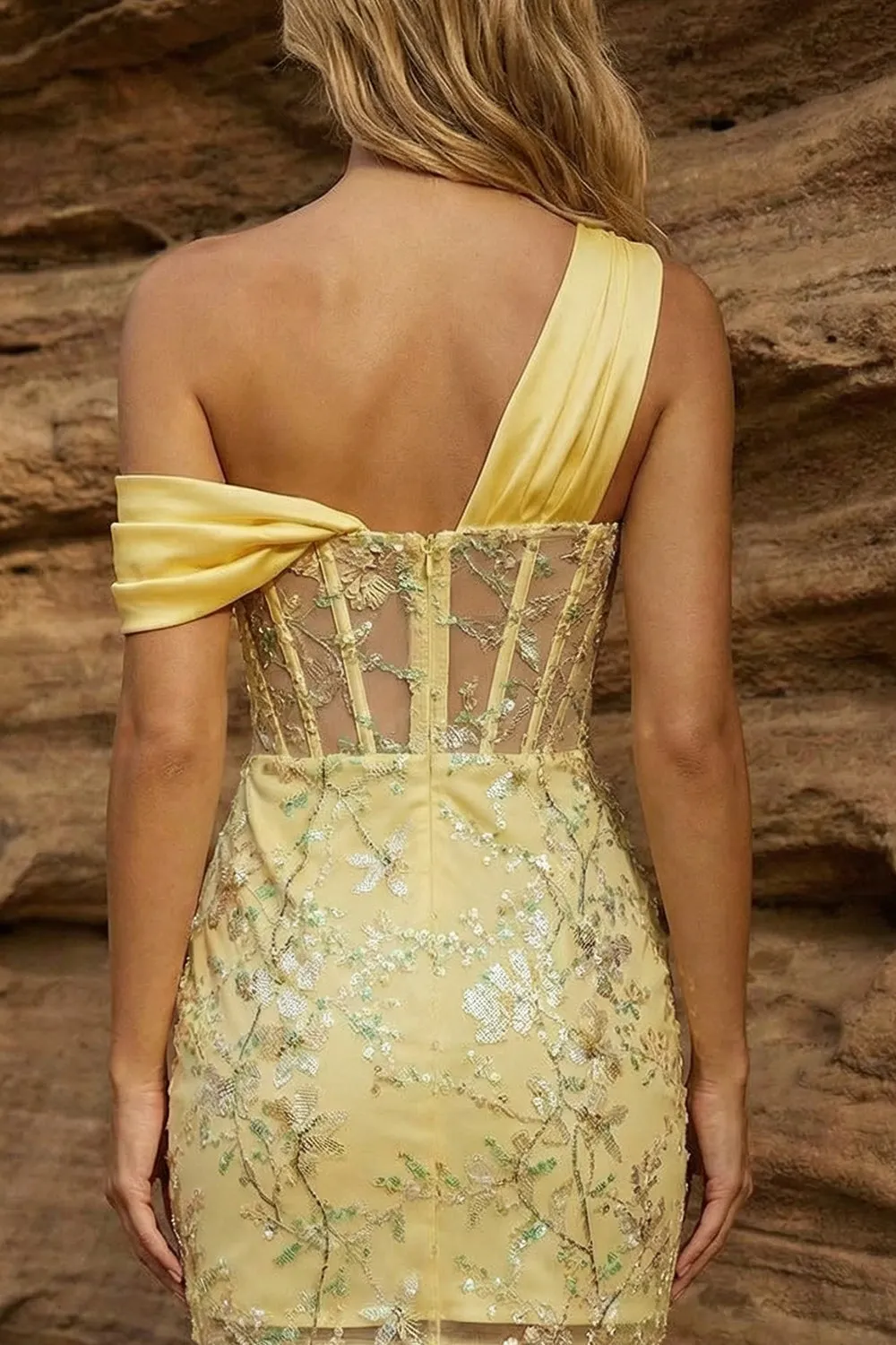 One Shoulder Yellow Bodycon Corset Sequin Homecoming Dress sold by Wedtrend product image thumbnail 2