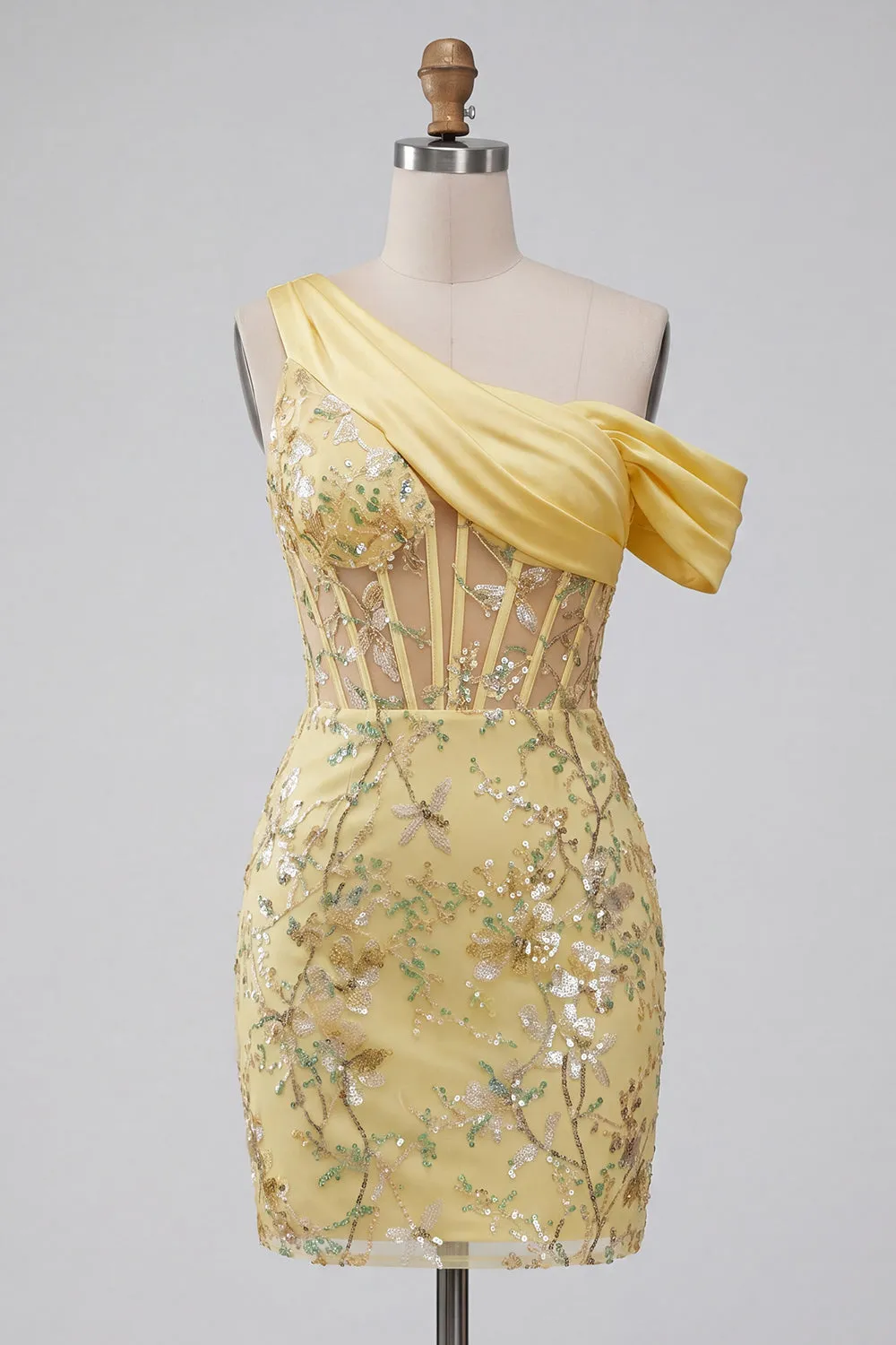 One Shoulder Yellow Bodycon Corset Sequin Homecoming Dress sold by Wedtrend product image thumbnail 5