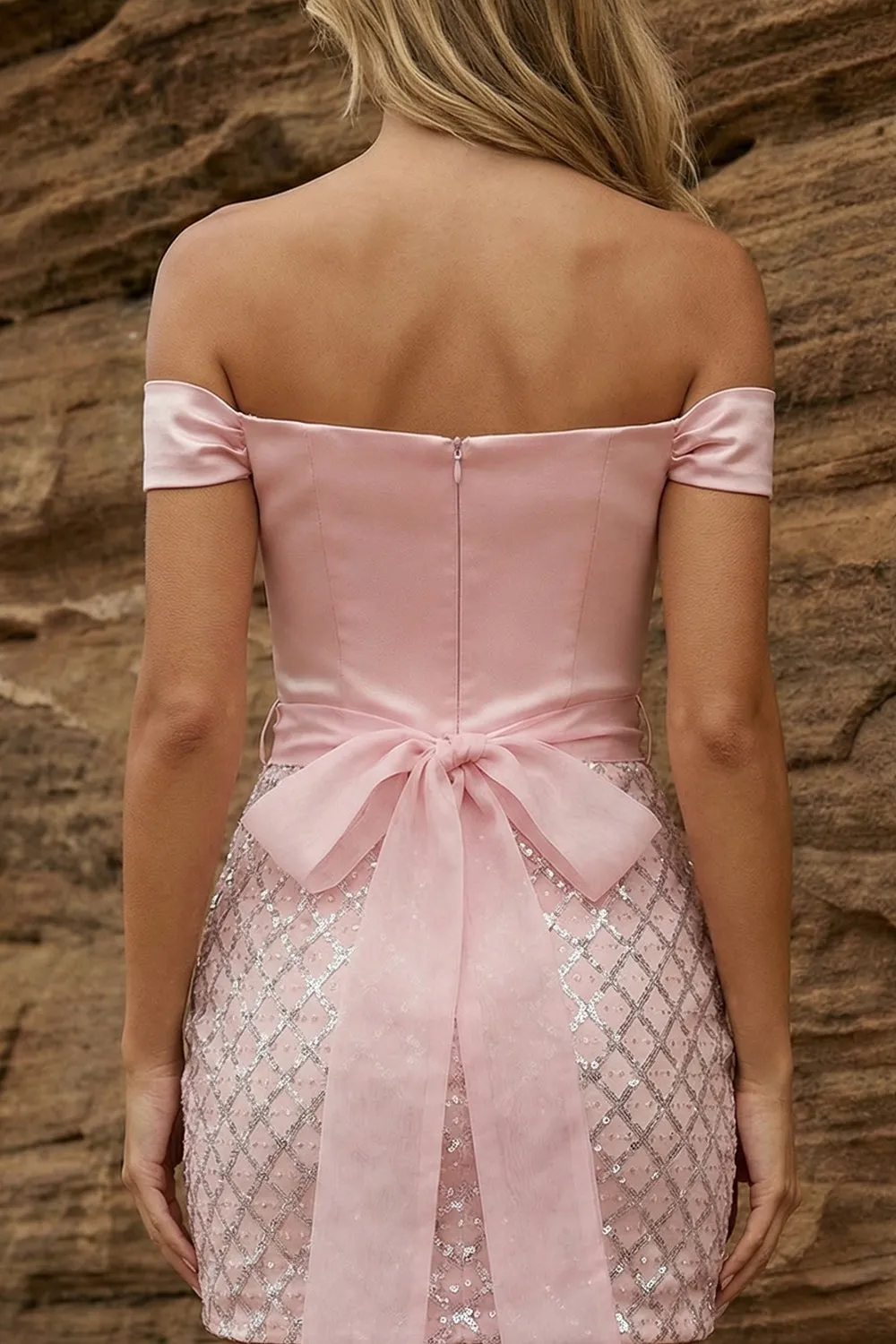 Off the Shoulder Bodycon Sequin Pink Homecoming Dress with Belt sold by Wedtrend product image thumbnail 4