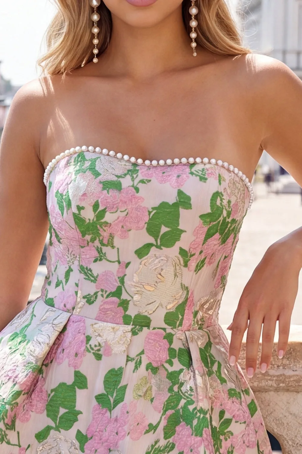 Pink Floral Jacquard Strapless A Line Homecoming Dress with Pearls sold by Wedtrend product image thumbnail 3