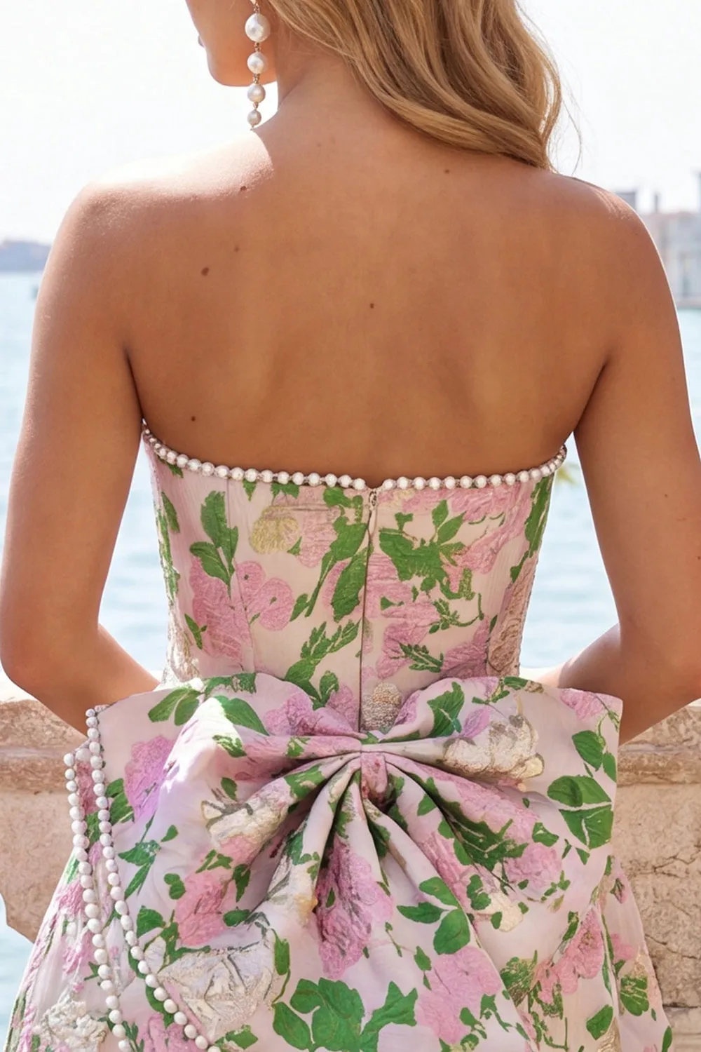 Pink Floral Jacquard Strapless A Line Homecoming Dress with Pearls sold by Wedtrend product image thumbnail 4
