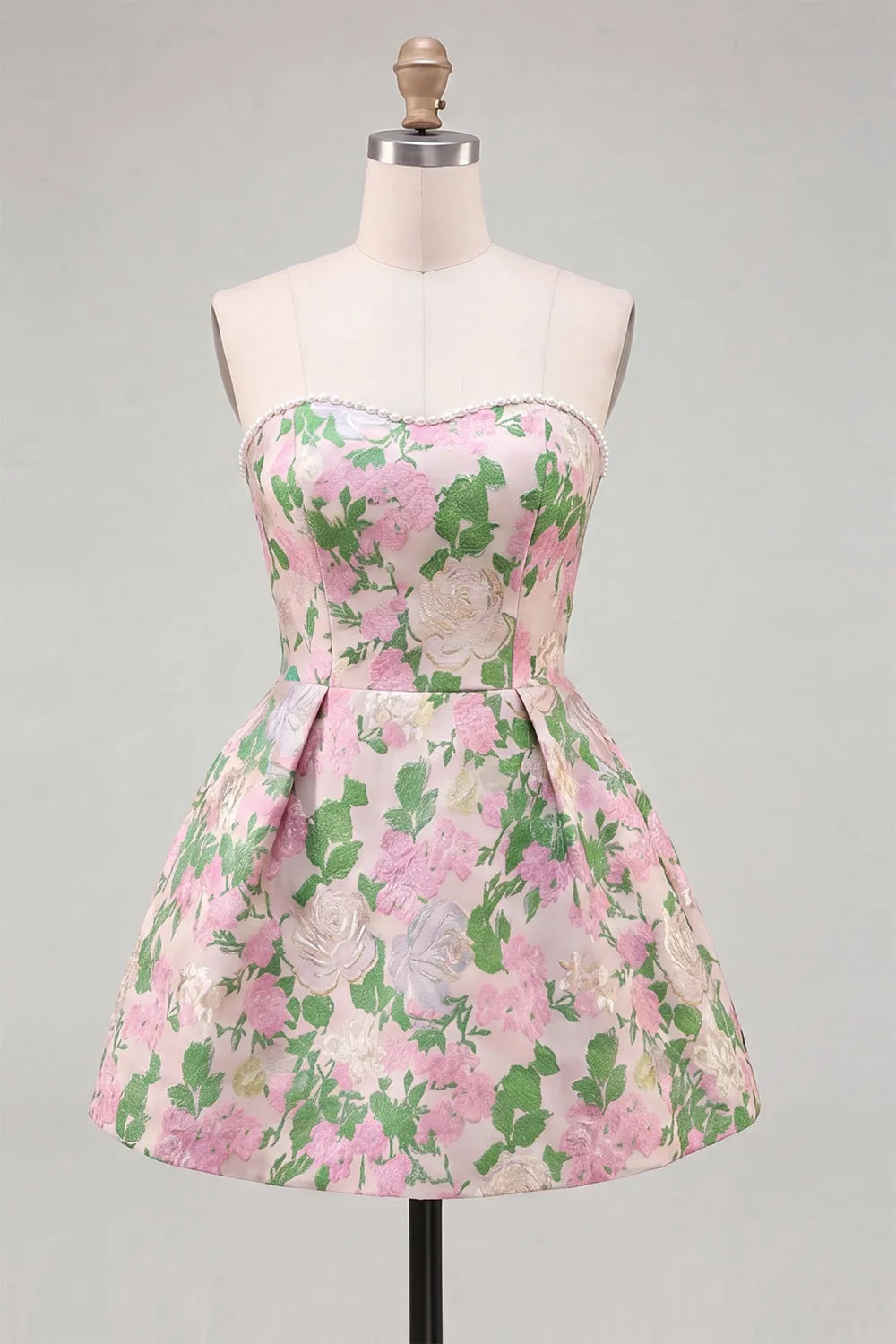 Pink Floral Jacquard Strapless A Line Homecoming Dress with Pearls sold by Wedtrend product image thumbnail 5