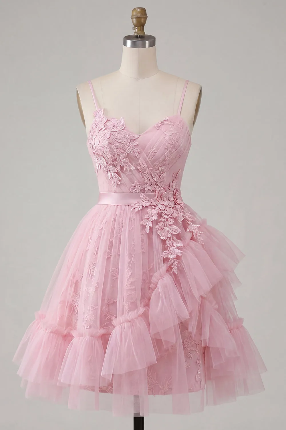 A Line Tulle Applique Spaghetti Straps Pink Homecoming Dress with Ruffles sold by Wedtrend product image thumbnail 3