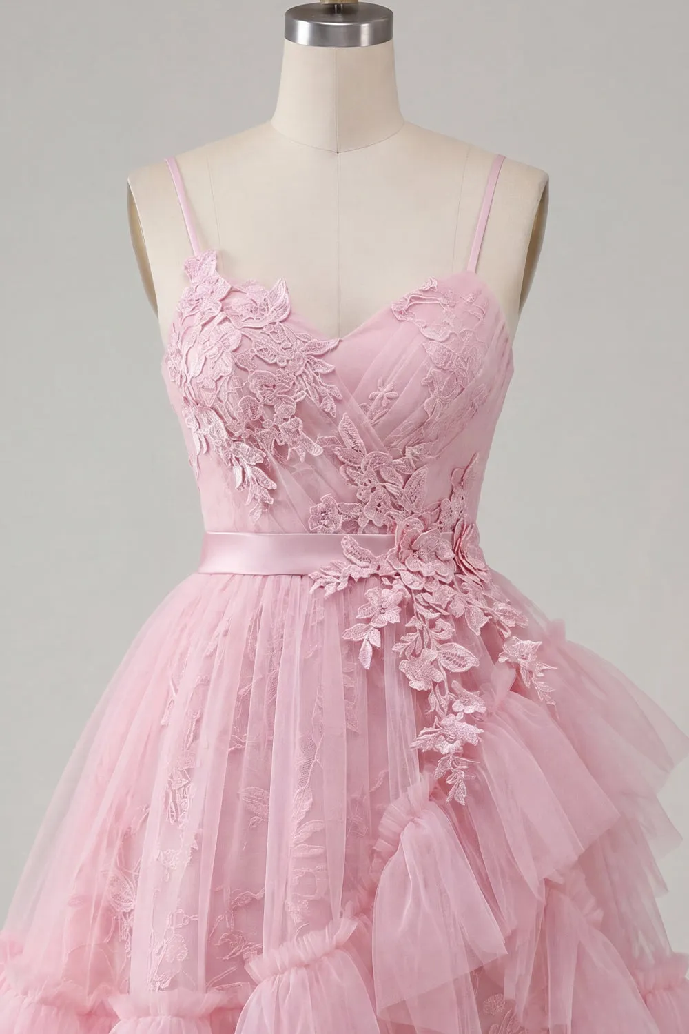 A Line Tulle Applique Spaghetti Straps Pink Homecoming Dress with Ruffles sold by Wedtrend product image thumbnail 5