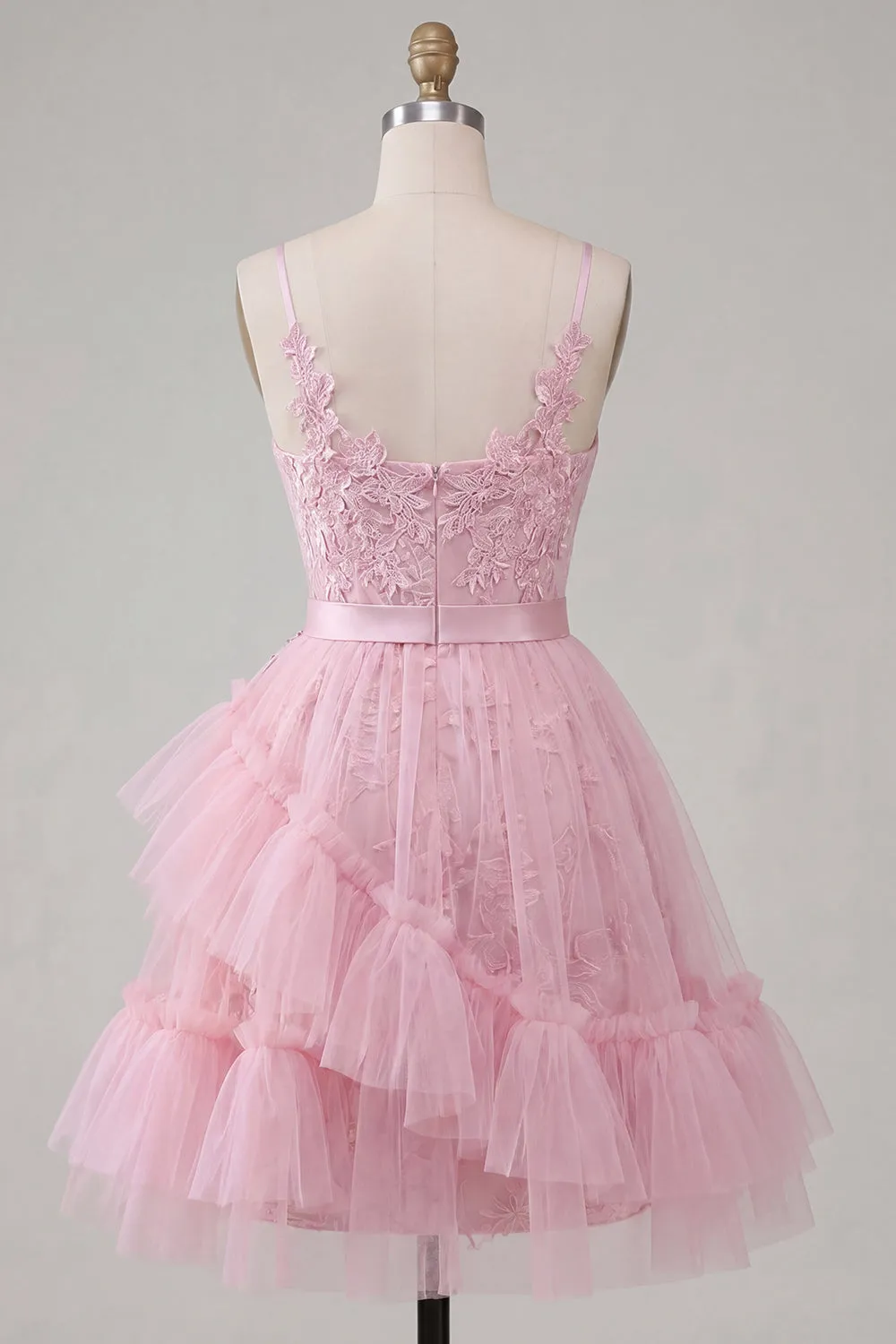A Line Tulle Applique Spaghetti Straps Pink Homecoming Dress with Ruffles sold by Wedtrend product image thumbnail 4