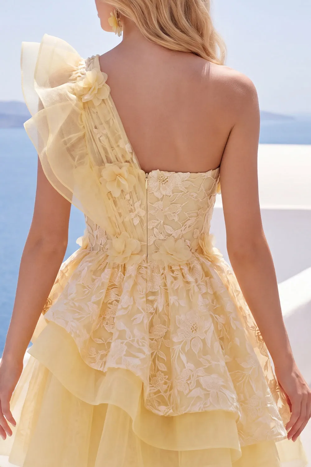 One Shoulder Ruffled Butter Yellow A Line Homecoming Dress with Appliques sold by Wedtrend product image thumbnail 4