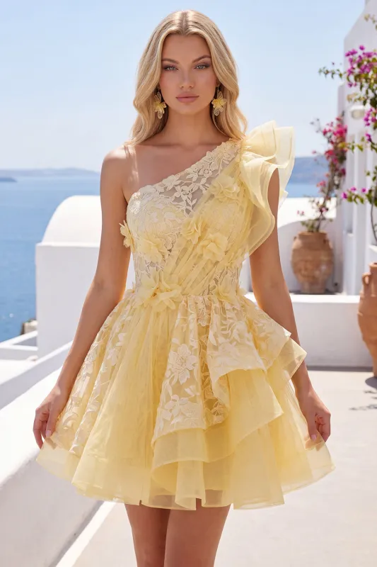One Shoulder Ruffled Butter Yellow A Line Homecoming Dress with Appliques made by Wedtrend