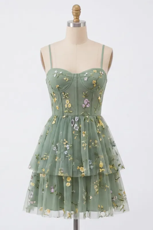 Dusty Sage A Line Floral Applique Corset Homecoming Dress with Bow made by Wedtrend