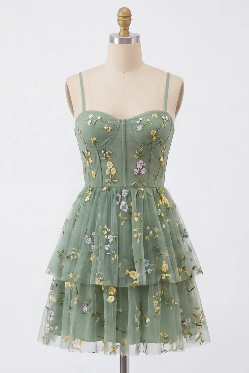 Dusty Sage A Line Floral Applique Corset Homecoming Dress with Bow sold by Wedtrend