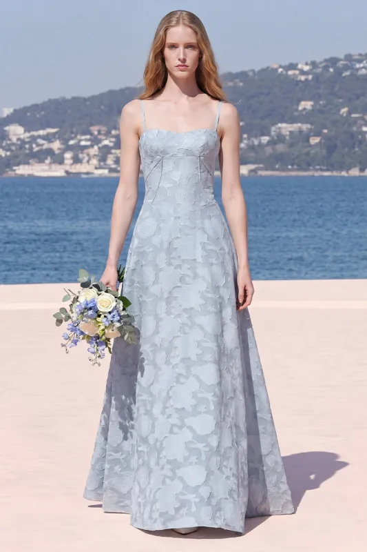 Sky Blue A Line Floral Jacquard Bridesmaid Dress with Lace-up Back made by Wedtrend