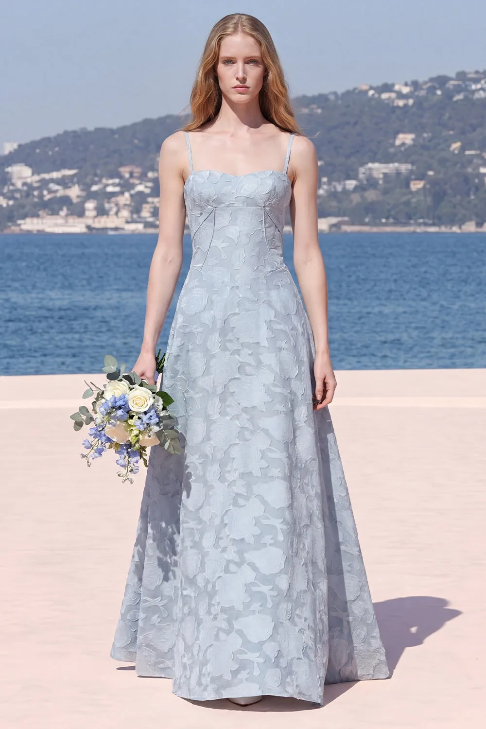 Sky Blue A Line Floral Jacquard Bridesmaid Dress with Lace-up Back sold by Wedtrend