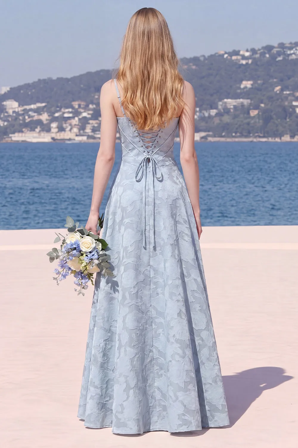 Sky Blue A Line Floral Jacquard Bridesmaid Dress with Lace-up Back sold by Wedtrend product image thumbnail 2