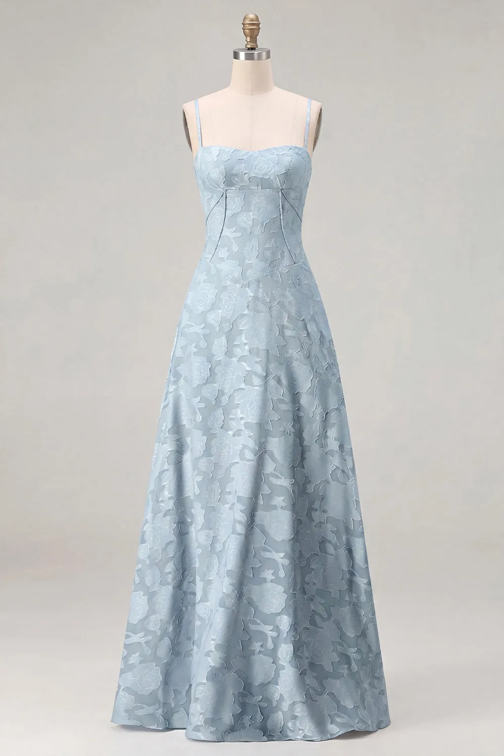 Sky Blue A Line Floral Jacquard Bridesmaid Dress with Lace-up Back sold by Wedtrend product image thumbnail 5