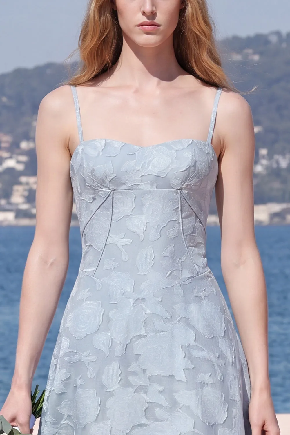 Sky Blue A Line Floral Jacquard Bridesmaid Dress with Lace-up Back sold by Wedtrend product image thumbnail 3
