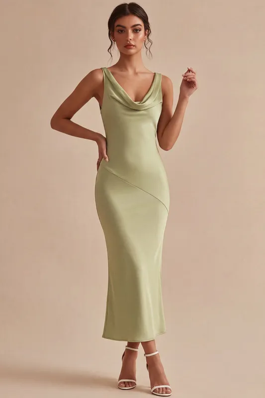 Light Green Mermaid Cowl Neck Satin Midi Dress made by Wedtrend